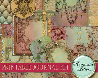 May include: Printable journal kit with a vintage aesthetic. The kit includes various decorative elements, such as ornate frames, floral patterns, and tags. The text "Printable Journal Kit" and "Romantic Letters" is featured on the image.