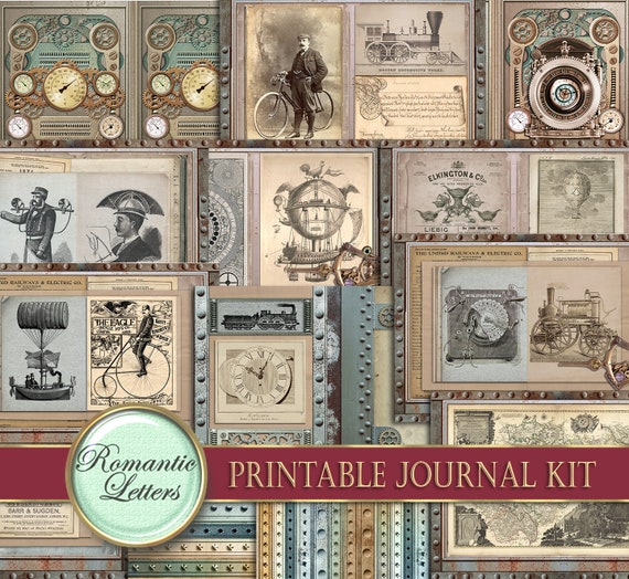 Steampunk Junk Journal Kit, Printable Journal Kit, Digital Junk Journal,  Steampunk Digital Kit, Scrapbooking Paper 