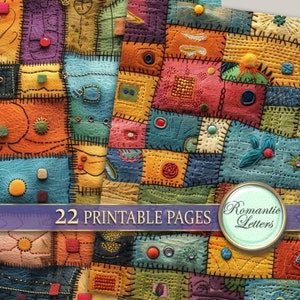 May include: A digital paper pack with 22 printable pages featuring a patchwork quilt design with various colors and textures. The quilt is made of different fabrics sewn together with visible stitching. The text "Romantic Letters" is displayed on a purple ribbon.