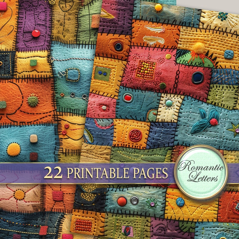 May include: A digital paper pack with 22 printable pages featuring a patchwork quilt design with various colors and textures. The quilt is made of different fabrics sewn together with visible stitching. The text "Romantic Letters" is displayed on a purple ribbon.