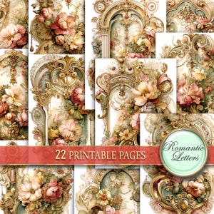 Digital printable Scrapbook Papier Pack Shabby Chic Hochzeitsalbum luxus druckbares Kraftpapier Viktorianische Karten florales Junk Journal Seiten A4