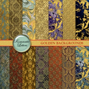 May include: A digital collage of 12 different golden backgrounds. The backgrounds feature various patterns, including damask, marbled, and geometric designs. The text "Golden Backgrounds" is displayed at the top of the collage.