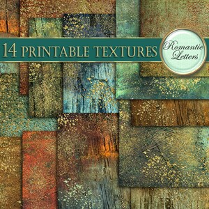 May include: A collage of 14 printable textures featuring wood grain patterns with gold glitter accents. The textures are in shades of brown, green, blue, and orange. The text "14 Printable Textures" is at the top of the image, and a circle with the text "Romantic Letters" is in the top right corner.