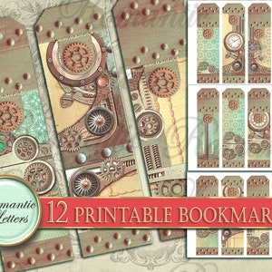 May include: Twelve printable bookmarks featuring a steampunk design with gears, cogs, and clockwork elements. The bookmarks are in shades of brown, beige, and green with a distressed look.