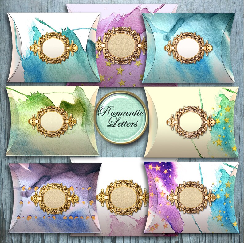 May include: Ten pillow boxes with watercolor designs. Each box has a gold ornate frame with a blank space in the center. The boxes are labeled "Romantic Letters".