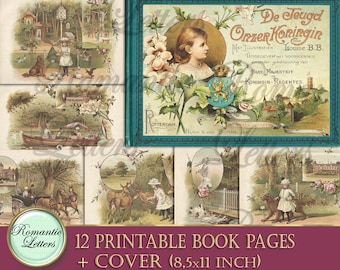 Printable old book pages victorian paper antique book illustrations vintage decoupage journal paper old book pages A4 wall art children book