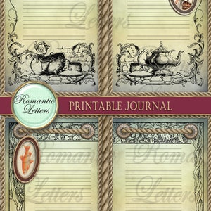 Pu&ograve; includere: Pagine di diario stampabili con un'estetica vintage. Ogni pagina presenta un'illustrazione diversa, tra cui una teiera, un pesce e uno chef. Le pagine sono bordate con una corda e hanno uno sfondo verde chiaro.