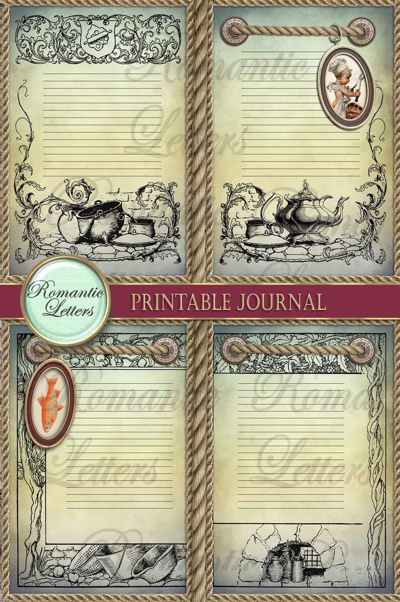 Pu&ograve; includere: Pagine di diario stampabili con un'estetica vintage. Ogni pagina presenta un'illustrazione diversa, tra cui una teiera, un pesce e uno chef. Le pagine sono bordate con una corda e hanno uno sfondo verde chiaro.