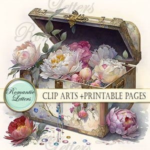 Clip art de casamento de scrapbook digital flores aquarela clipart floral clip art casamento scrapbook baú de tesouro convite páginas para impressão