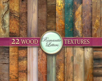 May include: 22 wood textures in various shades of brown, gold, and blue. The textures are arranged in a grid pattern. The text "22 WOOD TEXTURES" is displayed in a red banner at the top of the image. The text "Romantic Letters" is displayed in a circle with a green background.