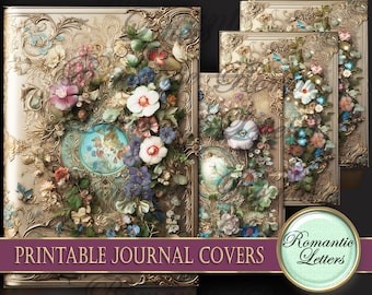 Printable journal covers digital scrapbooking printable junk journal old book mini album cover gold texture flowers Victorian stile Fantasy
