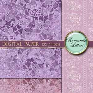 May include: Two digital paper designs featuring a white lace pattern on a purple background. The text "DIGITAL PAPER 12X12 INCH" is on a gold ribbon across the top of the image. The text "Romantic Letters" is in a circle with a green background.