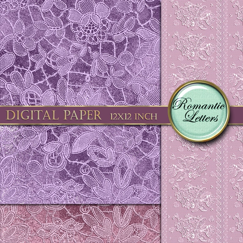 May include: Two digital paper designs featuring a white lace pattern on a purple background. The text "DIGITAL PAPER 12X12 INCH" is on a gold ribbon across the top of the image. The text "Romantic Letters" is in a circle with a green background.
