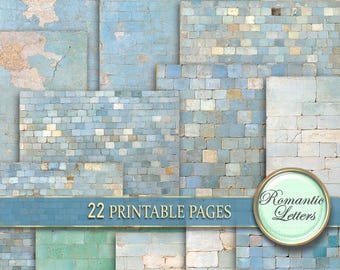 May include: A collection of 22 printable pages featuring various textures and patterns, including brick and distressed wall designs in shades of blue, green, and beige. The image includes a circular logo with the text "Romantic Letters".