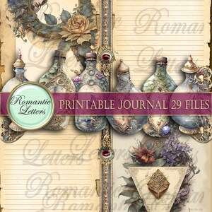 May include: Vintage-style printable journal with lined pages, decorative bottles, and floral accents. The design includes a circular frame with a woman's face, roses, and the text "Romantic Letters" and "Printable Journal 29 Files."