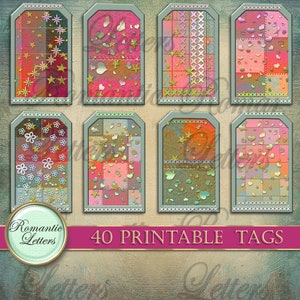 May include: Set of 40 printable tags featuring a patchwork design with hearts, stars, and flowers in shades of pink, red, and gold. The tags have a distressed, vintage look and are perfect for adding a touch of whimsy to your crafts.
