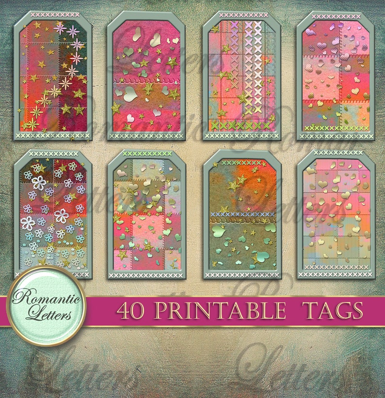 May include: Set of 40 printable tags featuring a patchwork design with hearts, stars, and flowers in shades of pink, red, and gold. The tags have a distressed, vintage look and are perfect for adding a touch of whimsy to your crafts.