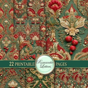 Weihnachtsmuster digitales Papier zum Ausdrucken Scrapbooking traditionelle Weihnachten nahtlose Muster rot grün goldene Stickerei A4