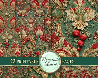 Paquete de papel digital con patrones navideños para imprimir en scrapbooking, patrones navideños tradicionales sin costuras, bordado vintage rojo, verde y dorado A4