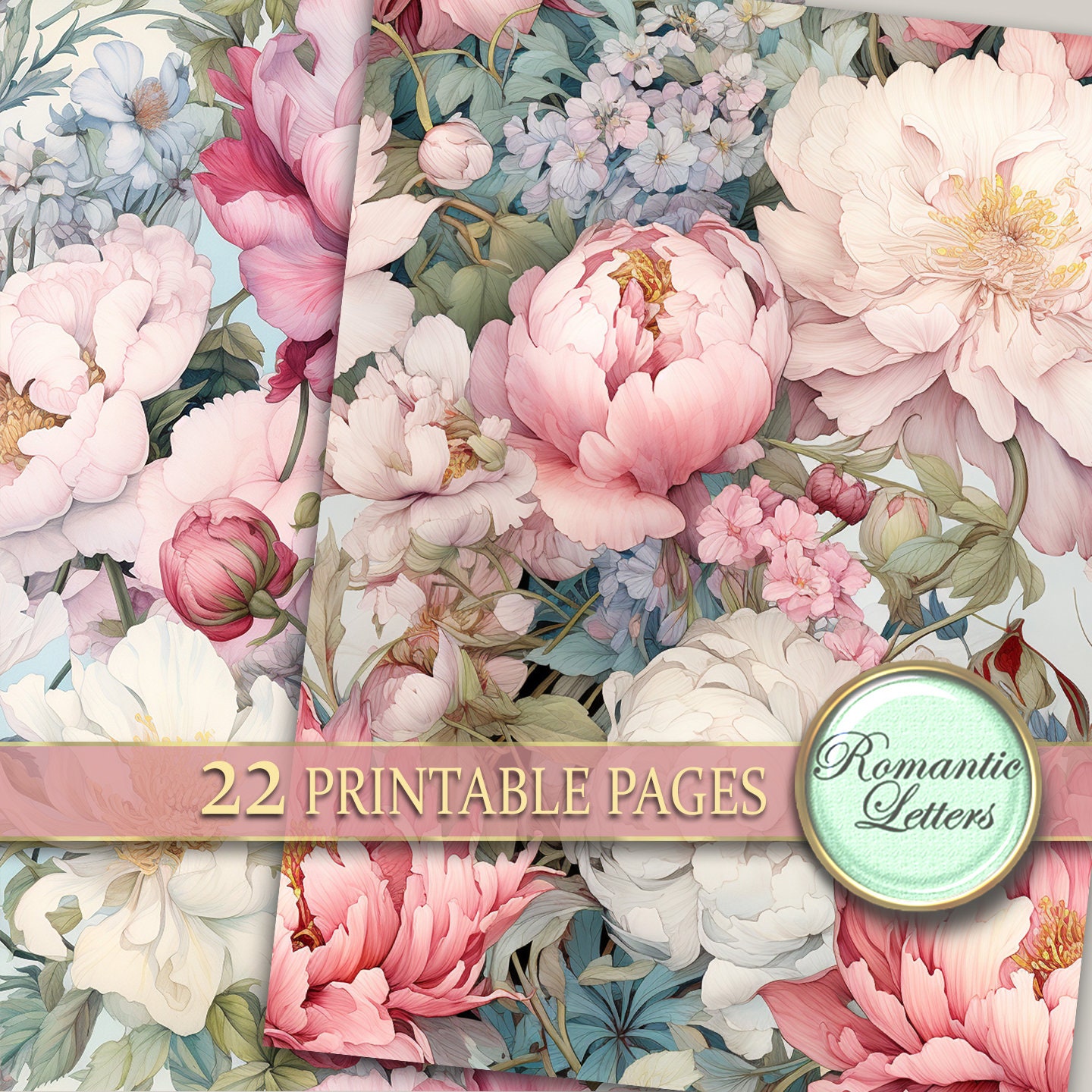 Peony Roses Digital Scrapbook Paper Pack Shabby Chic Flower Botanical ...