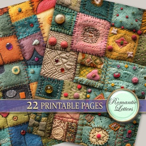 May include: A digital paper pack with 22 printable pages featuring a patchwork quilt design with various colors, textures, and patterns. The text "Romantic Letters" is visible in the image.