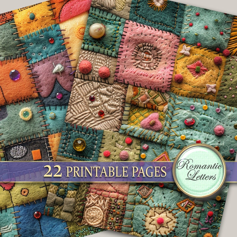 May include: A digital paper pack with 22 printable pages featuring a patchwork quilt design with various colors, textures, and patterns. The text "Romantic Letters" is visible in the image.