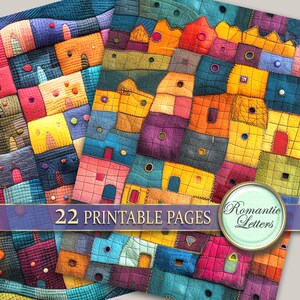 May include: A set of 22 printable pages featuring a colorful patchwork design with a variety of colors and textures. The design resembles a city with buildings and houses. The text "Romantic Letters" is visible in the bottom right corner.