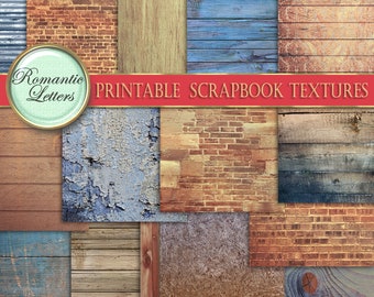 May include: A collection of printable scrapbook textures featuring various designs. The image includes brick, wood, and distressed paint textures in shades of brown, blue, and beige. The text "Romantic Letters" and "Printable Scrapbook Textures" are also visible.