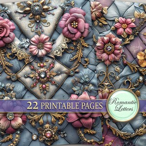 May include: A digital paper pack with 22 printable pages featuring a blue and gold background with pink flowers, gold embellishments, and jewels. The text "Romantic Letters" is on the right side of the image.