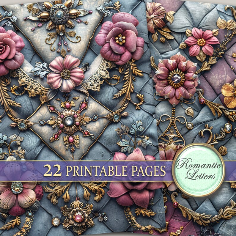 May include: A digital paper pack with 22 printable pages featuring a blue and gold background with pink flowers, gold embellishments, and jewels. The text "Romantic Letters" is on the right side of the image.