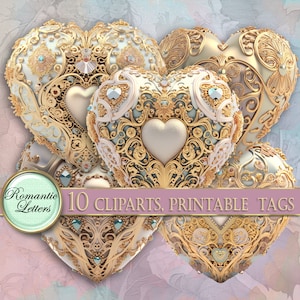 May include: Five ornate gold and white heart-shaped clip art images with intricate details. The hearts have a raised, three-dimensional appearance and are decorated with gold filigree and blue and white jewels. The text "10 CLPARTS, PRINTABLE TAGS" is visible at the bottom of the image.