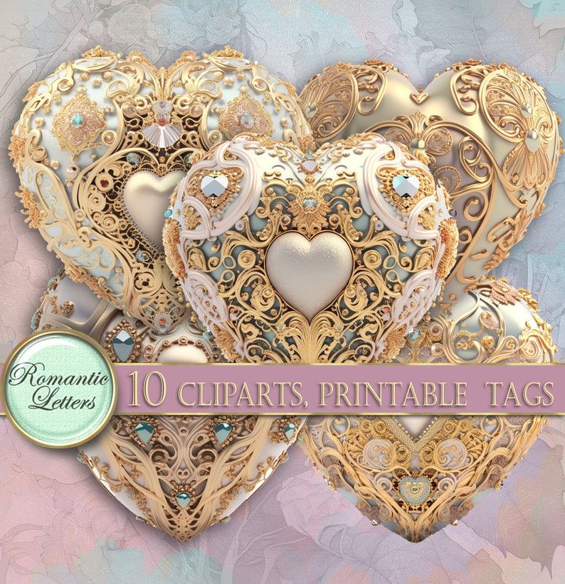 May include: Five ornate gold and white heart-shaped clip art images with intricate details. The hearts have a raised, three-dimensional appearance and are decorated with gold filigree and blue and white jewels. The text "10 CLPARTS, PRINTABLE TAGS" is visible at the bottom of the image.