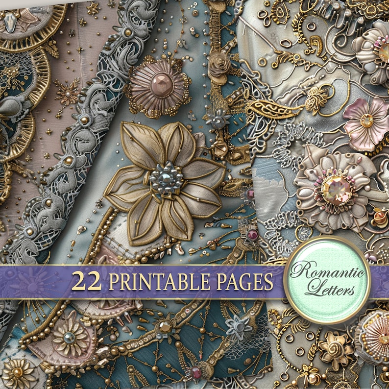 Victorian Digital printable junk journal pages scrapbook paper pack Shabby chik baroque luxury printable craft paper embroidery golden lace image 7