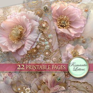 May include: A digital paper pack with 22 printable pages featuring pink and gold floral designs with pearl accents. The text "Romantic Letters" is on a green circle.