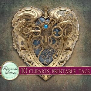 May include: A gold heart-shaped object with intricate gears and a blue jewel in the center. The object is made of metal and has a steampunk aesthetic.