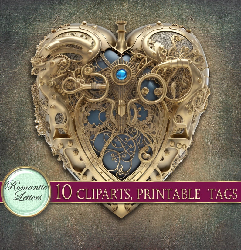 May include: A gold heart-shaped object with intricate gears and a blue jewel in the center. The object is made of metal and has a steampunk aesthetic.