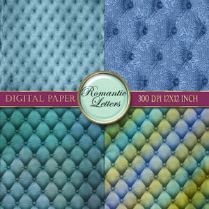 May include: Digital paper pack with four different patterns. Two patterns feature a blue and green tufted upholstery design. One pattern features a blue lace design. The fourth pattern features a blue and green tufted upholstery design with a more yellow hue. The text "Romantic Letters" and "300 DPI 12X12 INCH" is displayed on a red ribbon.