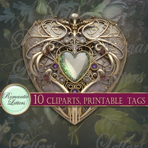 May include: A gold heart-shaped locket with intricate filigree details and a large green gemstone in the center. The locket is surrounded by smaller purple gemstones and is set against a floral background.