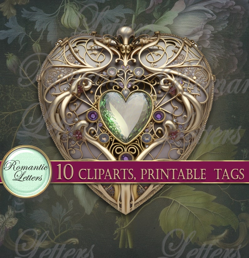 May include: A gold heart-shaped locket with intricate filigree details and a large green gemstone in the center. The locket is surrounded by smaller purple gemstones and is set against a floral background.