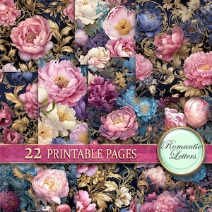 Digitales Scrapbook Papier Pack Viktorianische Blume Botanische digital printable Junk Journal Seiten Blumenmuster Shabby Chic rose Kraftpapier