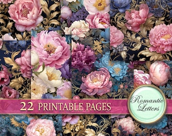 May include: 22 printable pages of digital paper featuring a floral pattern with pink, purple, blue, and gold flowers on a black background. The text "Romantic Letters" is on a teal background.