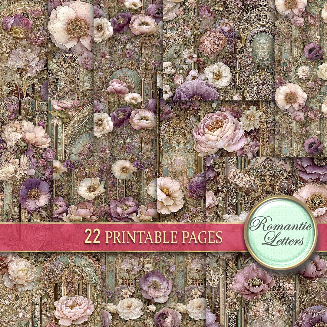 Floral Junk Journal Pages Digital Scrapbook Paper Pack Shabby Chic ...