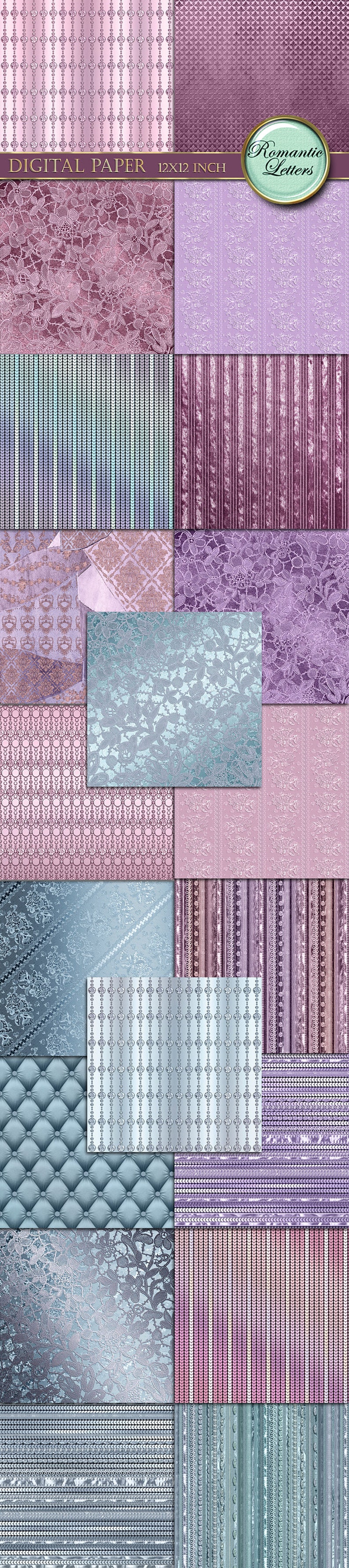 May include: A digital paper pack with 12 different patterns in shades of purple, pink, and blue. The patterns include lace, stripes, and geometric designs. DIGITAL PAPER 12X12 INCH Romantic Letters.