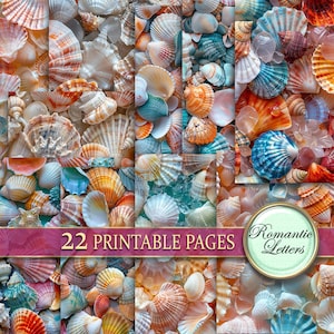 Paquete de papel imprimible digital para álbum de recortes de conchas marinas, papel para manualidades, diseño shabby chic, descarga de conchas marinas, fondo con patrón sin costuras, boda en la playa