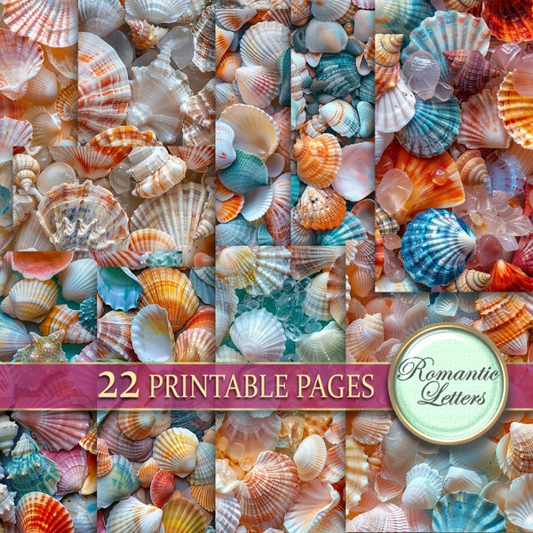 Ocean shells scrapbook digital printable paper pack craft paper  Shabby chic download sea shells Seamless pattern background beach wedding