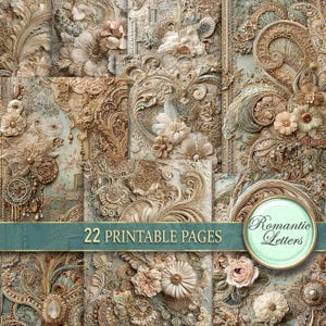 Pacote de papel para scrapbook digital para impressão, bordado de renda Shabby Chic, álbum de casamento, papel para artesanato, cartões vitorianos, diário floral de lixo