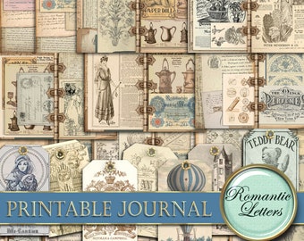 Puede incluir: Un kit de diario imprimible con ilustraciones y texto vintage. El kit incluye imágenes de un oso de peluche, una muñeca de papel, un globo aerostático, un frasco de perfume y una mujer con un vestido. El texto incluye las palabras "Cartas románticas" y "Diario imprimible".