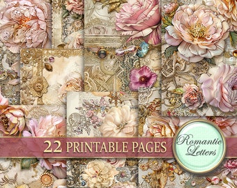 Afdrukbare ongewenste dagboekpagina's digitaal plakboekpapierpakket antiek kant vintage Shabby chic Bruiloft decoupage roze bloemen collage Victoriaans