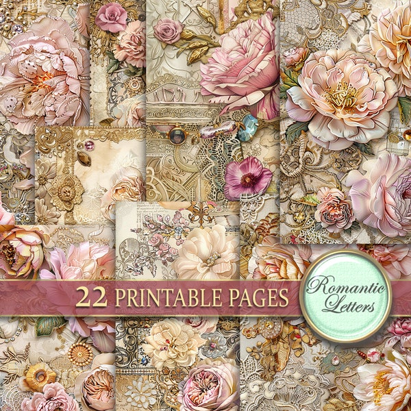 Printable junk journal pages digital scrapbook paper pack antique lace vintage Shabby chic Wedding decoupage rose flowers collage Victorian