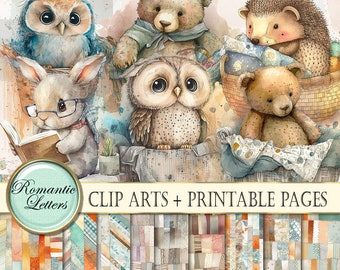 Clipart numérique animal numérique pour enfants Scrapbooking fond numérique pack de papier clip art png bébé hibou ours en peluche cartes d'anniversaire